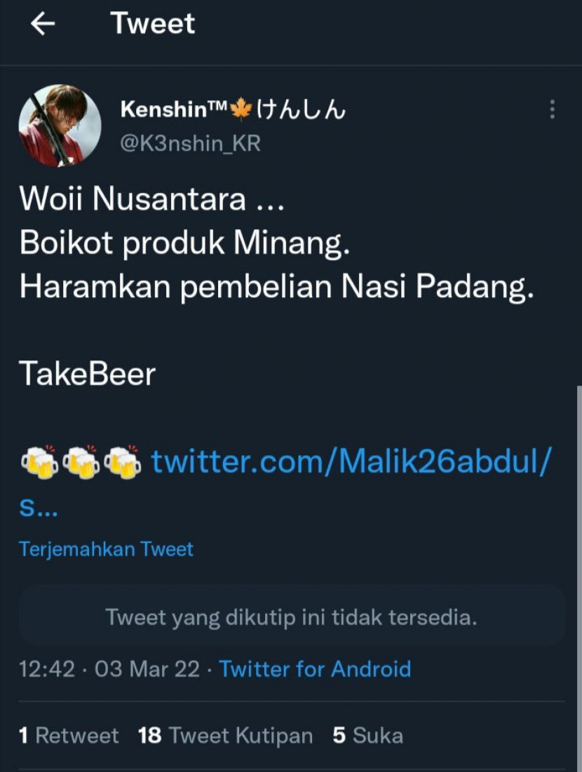 Status dari akun @K3nshin_KR mengajak memboikot produk Minang dan mengharamkan membeli Nasi Padang. Foto: Tangkapan Layar. Select an Image