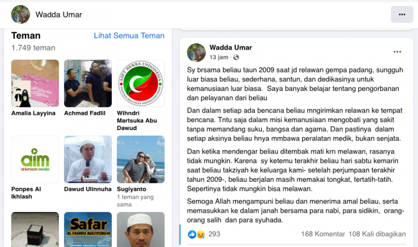 Akun Facebook Wadda Umar menullis dr Sunardi berdedikasi untuk kemanusiaan.