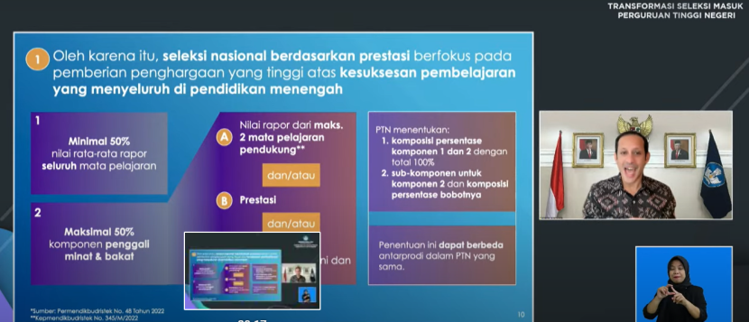 Kemendikbudristek melakukan tiga transformasi seleksi masuk PT. Salah satunya adalah mengubah seleksi SNMPTN dan SBMPTN.  Hal itu disampaikan Mendikbudristek  Nadiem Anwar Makarim saat peluncuran Merdeka Belajar Episode Kedua Puluh Dua secara daring di Jakarta, Rabu (07/09/22). Foto :  kampus