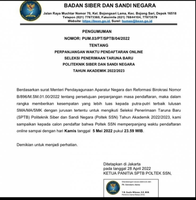 Untuk memberi kesampatan yang lenoh luas, Badan Siber dan Sandi Negara (BSSN) memperpanjang masa pendaftran masuk Poltek SSN. Foto : Poltek SSN