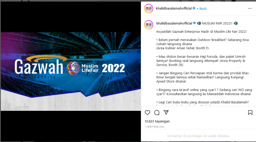 Pengumuman di akun Instagram Ustadz Khalid Basalamah.