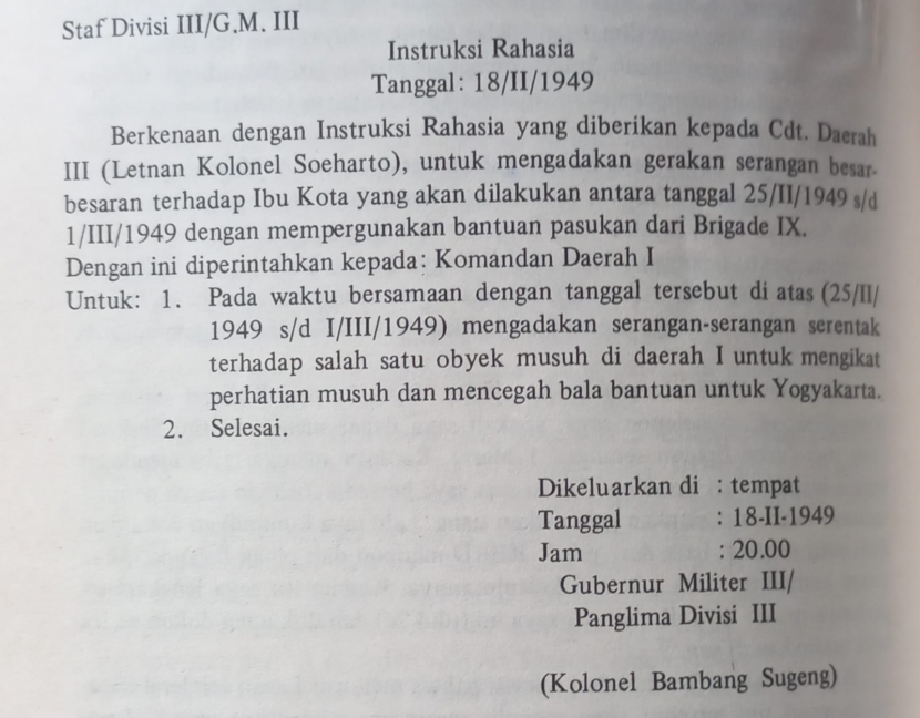 Instruksi Kol. Bambang Sugeng kepada Letkol Soeharto.