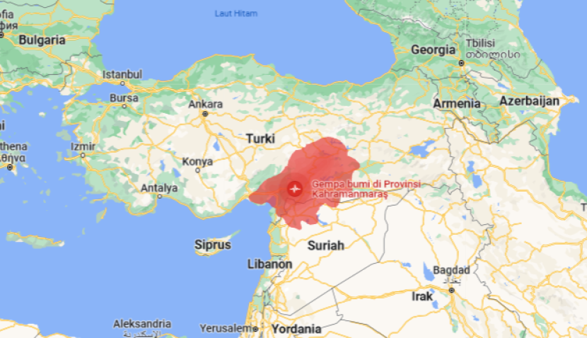 Pusat gempa bumi di Turki dan wilayah yang terkena dampak. Foto; Tangkapan layar.