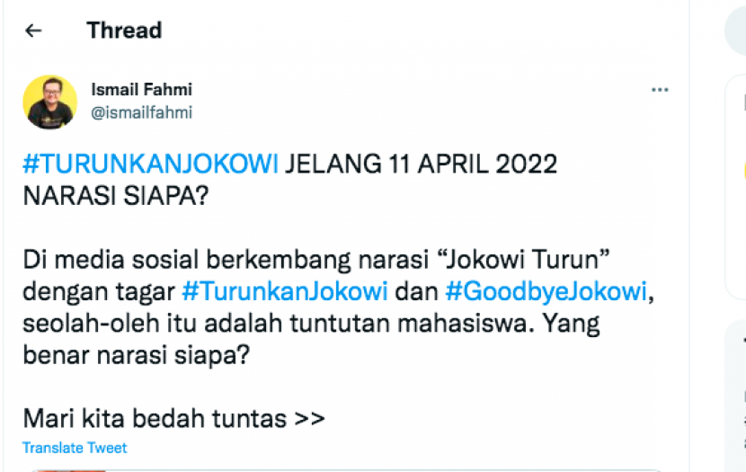 Unggahan Ismail Fahmi dalam akun twitternya.