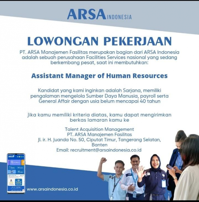 Lowongan kerja di PT Arsa Manajemen Fasilitas.