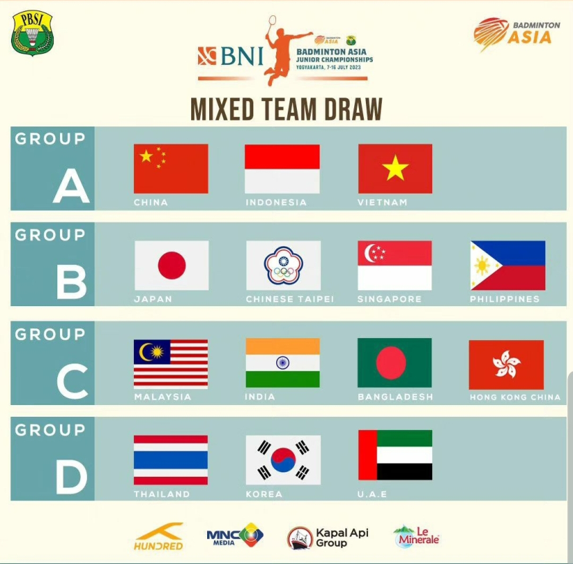 Dalam hasil undian dalam Kejuaraan Beregu Campuran Asia Junior 2023, Indonesia berada di Grup A bersama Cina dan Vietnam. (Source: Instagram Badminton Ina)