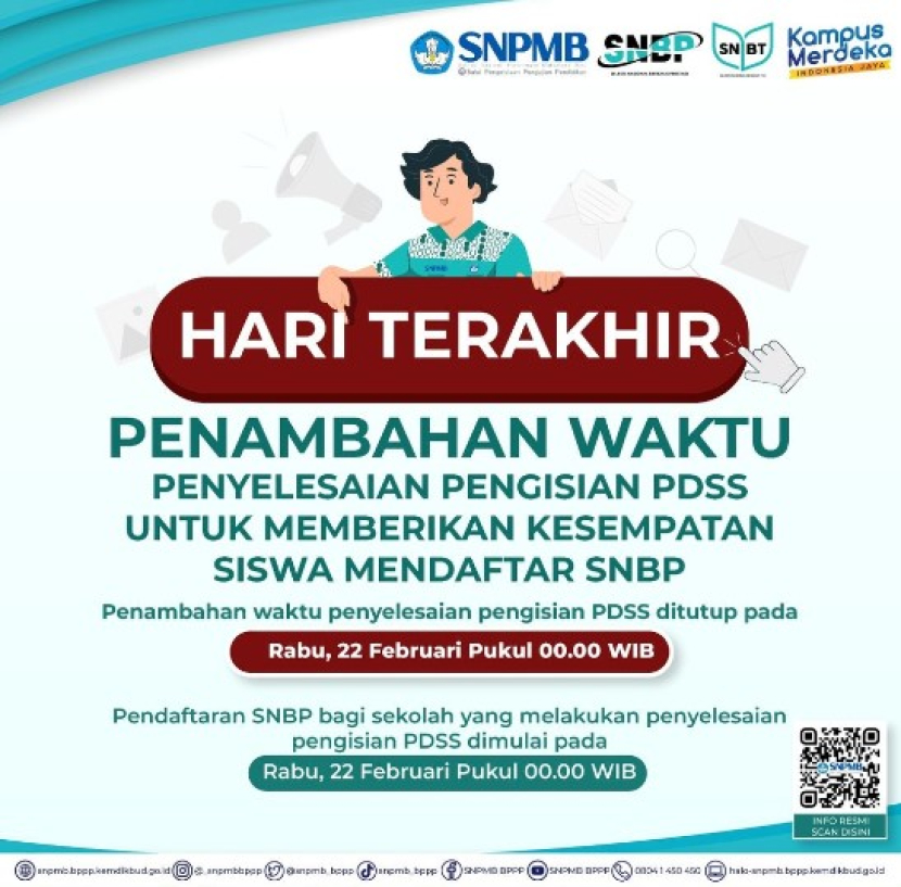 Panitia Seleksi Nasional Penerimaan Mahasiswa Baru (SNPMB) 2023 mengumumkan deadline penambahan waktu pengisian PDSS oleh sekolah. Foto : snmpmb