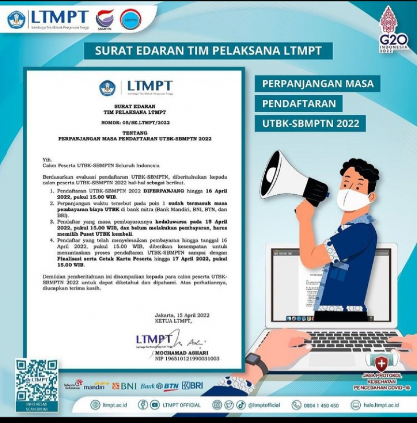 Lembaga Tes Masuk Perguruan Tinggi (LTMPT) memperpanjang masa pendaftaran UTBK-SBMPTN 2022 hingga 16 April 2022, pukul 15.00 WIB