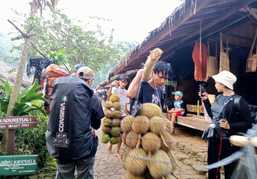 Pemuda Baduy Luar memikul durian di Kampung Ciboleger, melintas di antara pengunjung yang akan mengunjungi Baduy Dalam. 