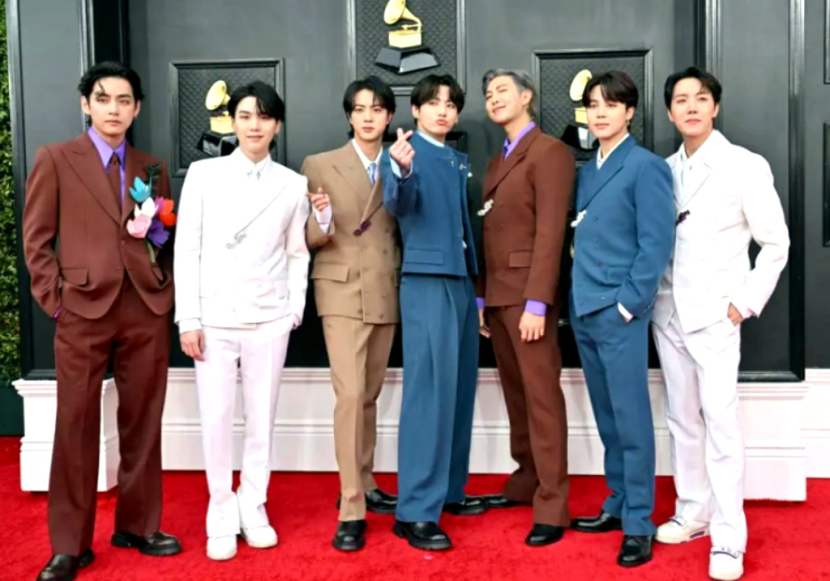 V, Suga, Jin, Jungkook, RM, Jimin and J-Hope of BTS attends the 64th Annual GRAMMY Awards at MGM Grand Garden Arena on April 03, 2022 in Las Vegas. Axelle/Bauer-Griffin/FilmMagic