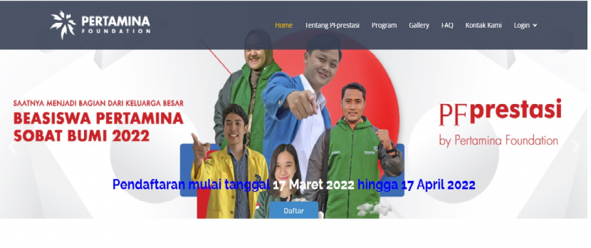 Pertamina Foundation membuka Beasiswa Pertamina Sobat Bumi. Beasiswa ini merupakan apresiasi kepada mahasiswa berprestasi akademik, aktif dalam organisasi, serta memiliki kepedulian terhadap lingkungan. Foto : tangkapan layar pertaminafoundation.org
