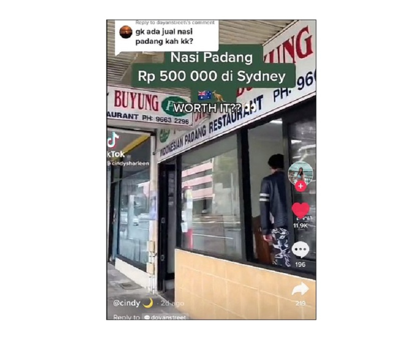 Nasi Padang di Australia. Seorang WNI yang menetap di Australia membagikan kisahnya membeli Nasi Padang di Sydney seharga Rp 500 ribu. Foto: Tangkapan Layar.