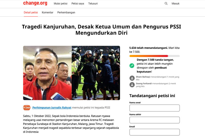 Tampilan laman petisi desak Ketua Umum PSSI mundur di situs Change.org.