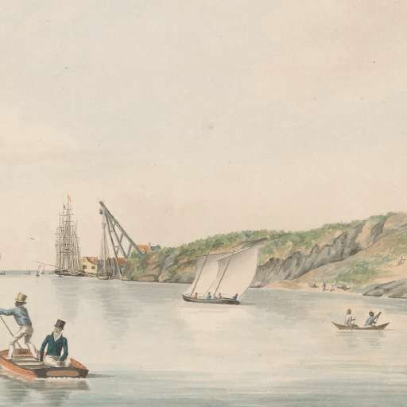 Orang Eropa (VOC) naik sampan kecil dari perahu besar ketika mendarat di sebuah pelabuhan.