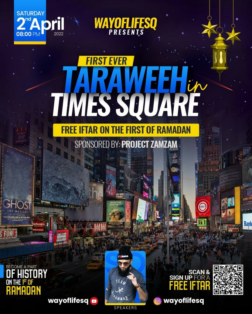 Sholat Tarawih pertama dalam sejarah di Times Square, Manhattan, New York.