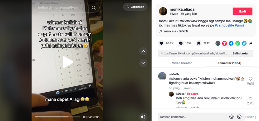 Viral video mahasiswi beragama Kristen yang kuliah di Kampus Muhammadiyah mendapatkan nilai A untuk mata kuliah Al-Islam. Foto: Tangkapan Layar TikTok @monika.eliada