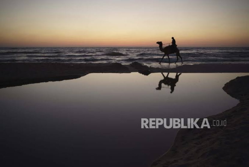 Lautan di Bumi. Seorang penunggang unta sedang melewati tepian pantai. Gambar: Republika