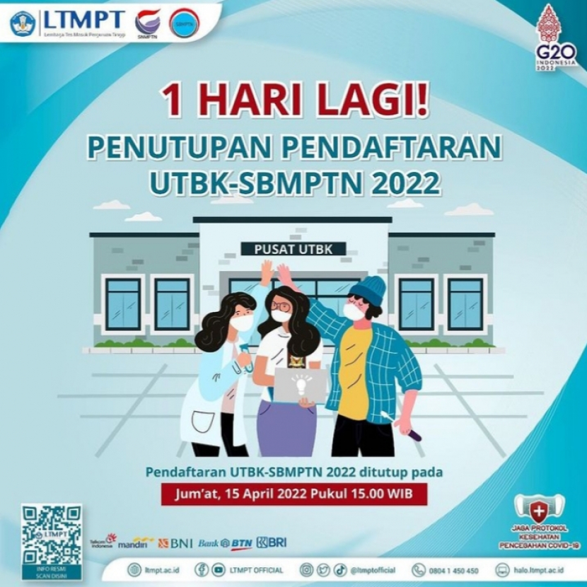 Lembaga Tes Masuk Perguruan Tinggi (LTMPT) menyatakan pendaftaran UTBK-SBMPTN 2022 akan ditutup pada Jumat 15 April 2022 pukul 15.00 WIB. Foto :IG ltmpt