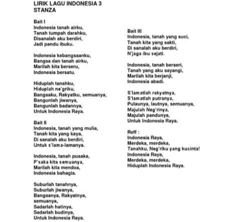 Lirik Lagu Indonesia Raya tiga stanza