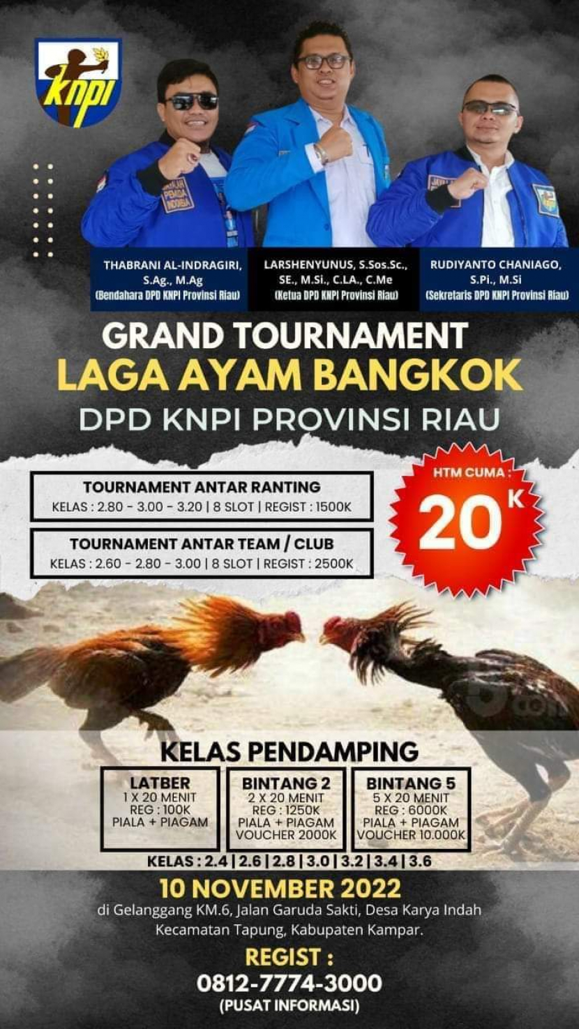 Poster lomba sabung ayam yang diadakan DPD KNPI Provinsi Riau.