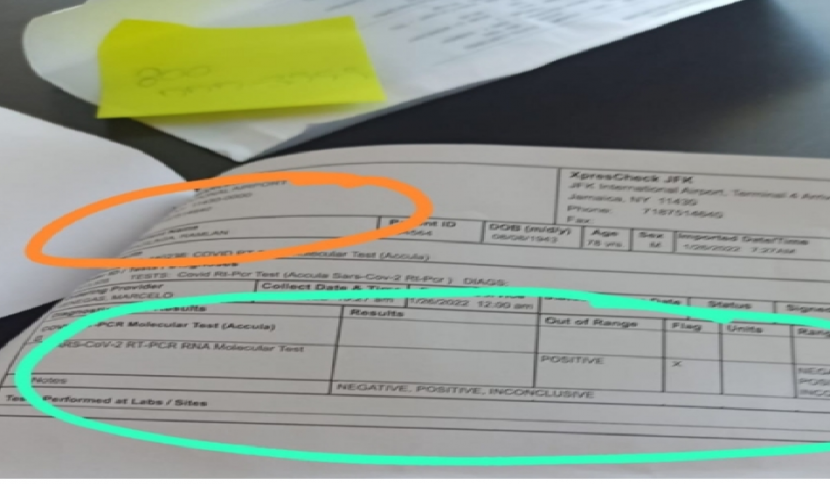 Hasil PCR di Bandara John F Kennedy,  New York, Amerika Serikat,  yang menunjukkan hasil positif Covid-19. Foto : Dok Maya