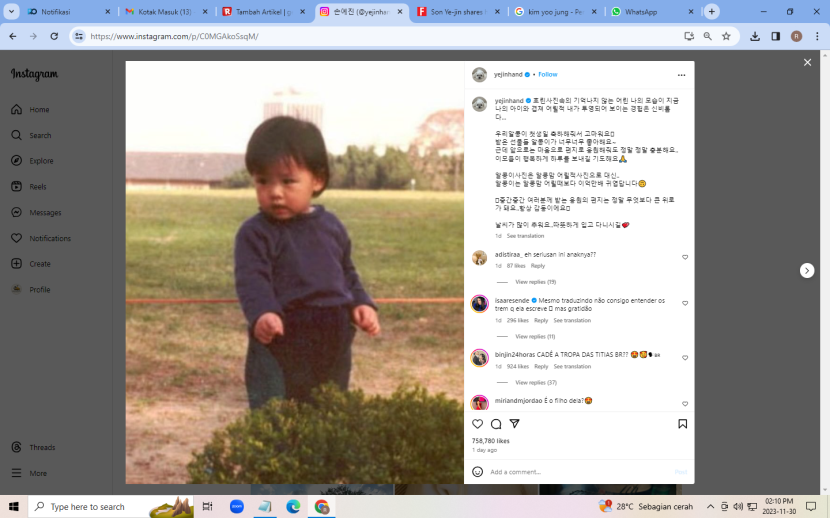 Son Ye-jin Bagikan Foto Masa Kecilnya untuk Rayakan Plang Pahun Pertama Sang Putra. (Instagram)
