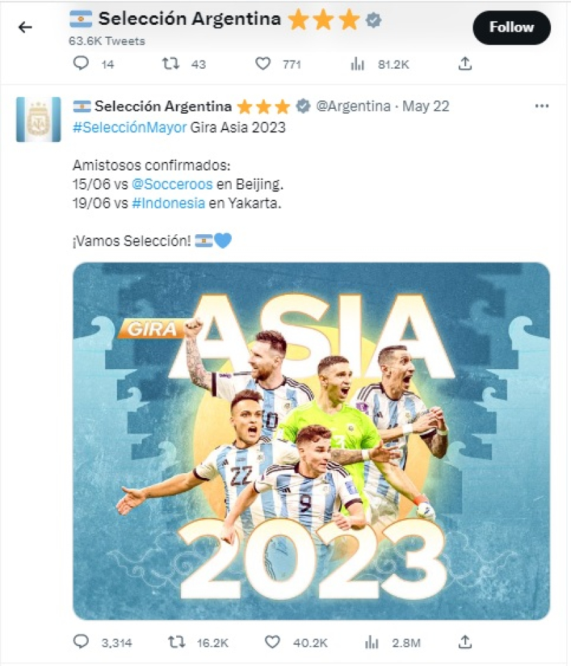 Federasi Sepakbola Argentina (AFA) mengonfirmasi laga persahabatan lawan Timnas Indonesia. (Twitter)