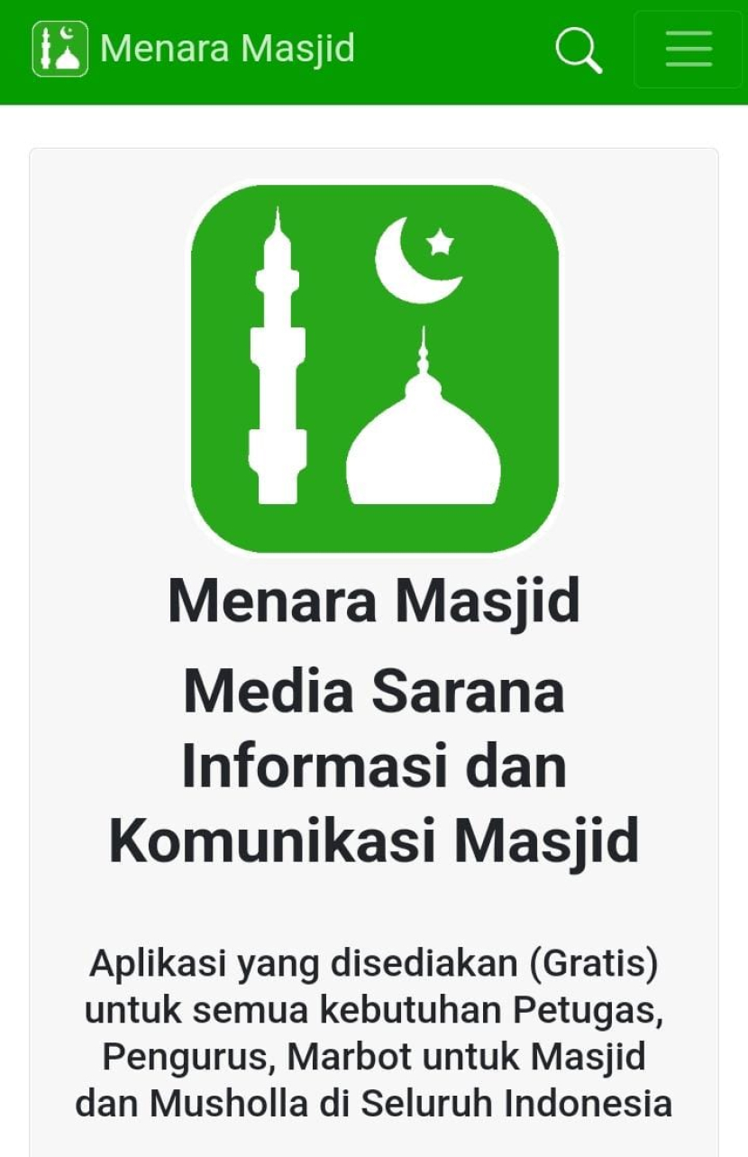 Laman aplikasi Menara Masjid yang diwakafkan Muhammad Romadhona Kusuma seorang mahasiswa S-2 kepada Baznas.