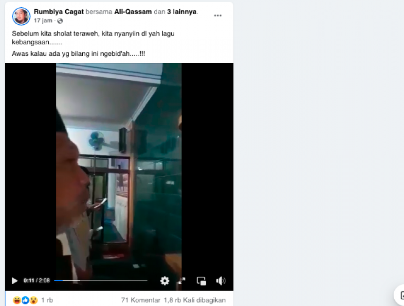 Akun Rumbiya Cagat mengunggah video menyanyikan Indonesia Raya sebelum sholat Tarawih.