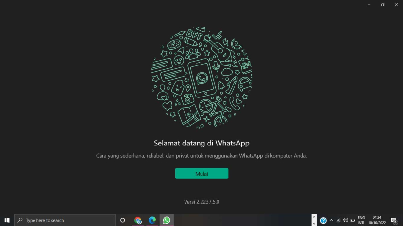 Tampilan jendela WA desktop usai instal di laptop windows 10.