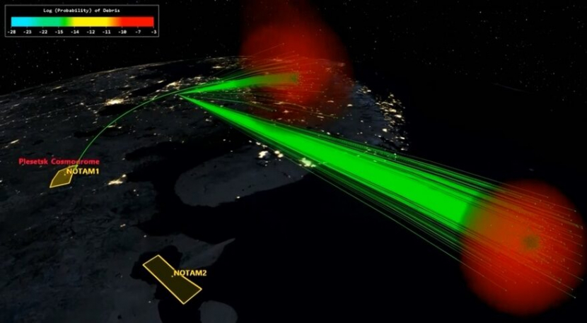 Simulasi demonstrasi ASAT Rusia pada November 2021. Sebagian besar puing dari peristiwa itu berada di orbit yang secara berkala sejajar dengan satelit di orbit sinkron matahari. Gambar: COMSPOC