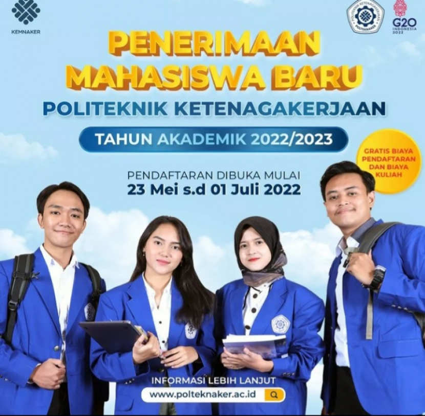 Politeknik Ketenagakerjaan (Polteknaker) membuka pendaftaran mahasiswa baru secara daring mulai 23 Mei sampai 1 Juli 2022. IG : kemnaker