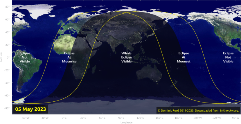 Peta yang menunjukkan lokasi yang akan melihat gerhana bulan pada Jumat, 5 Mei 2023. Gambar: Dominic Ford/In-The-Sky.org