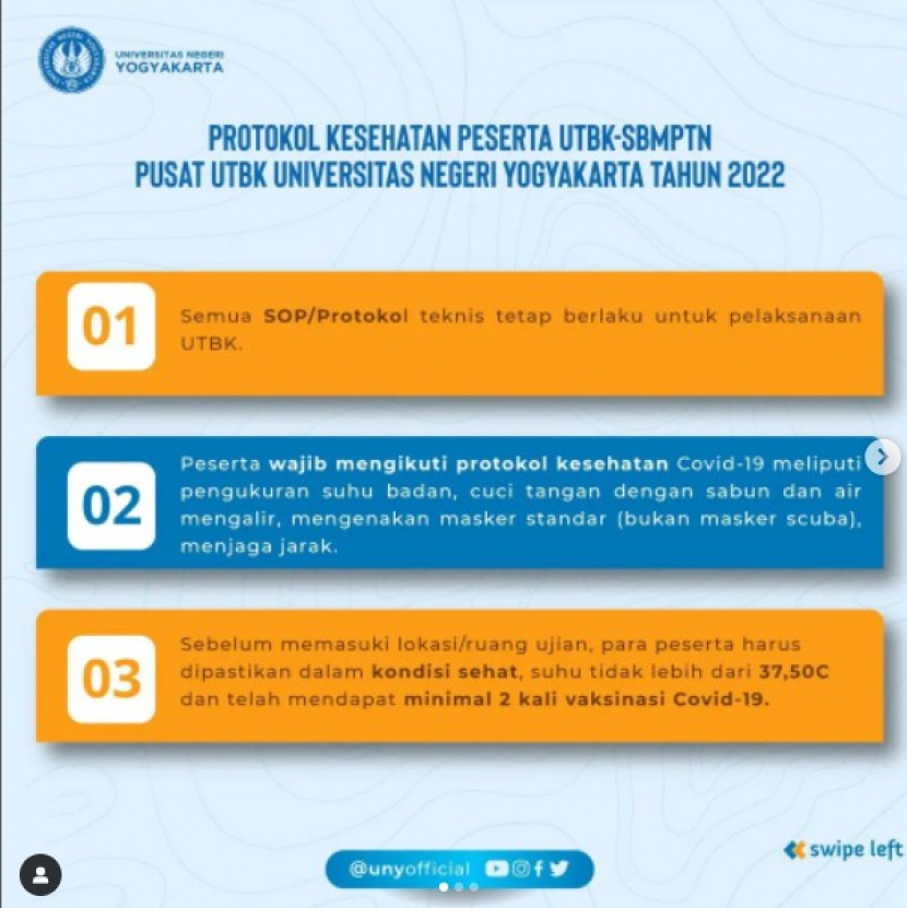 Pusat UTBK Universitas Negeri Yogyakarta (UNY) menerapkan protokol kesehatan bagi peserta UTBK-SBMPTN 2022 di kampus tersebut. Foto : IG @unyofficial 