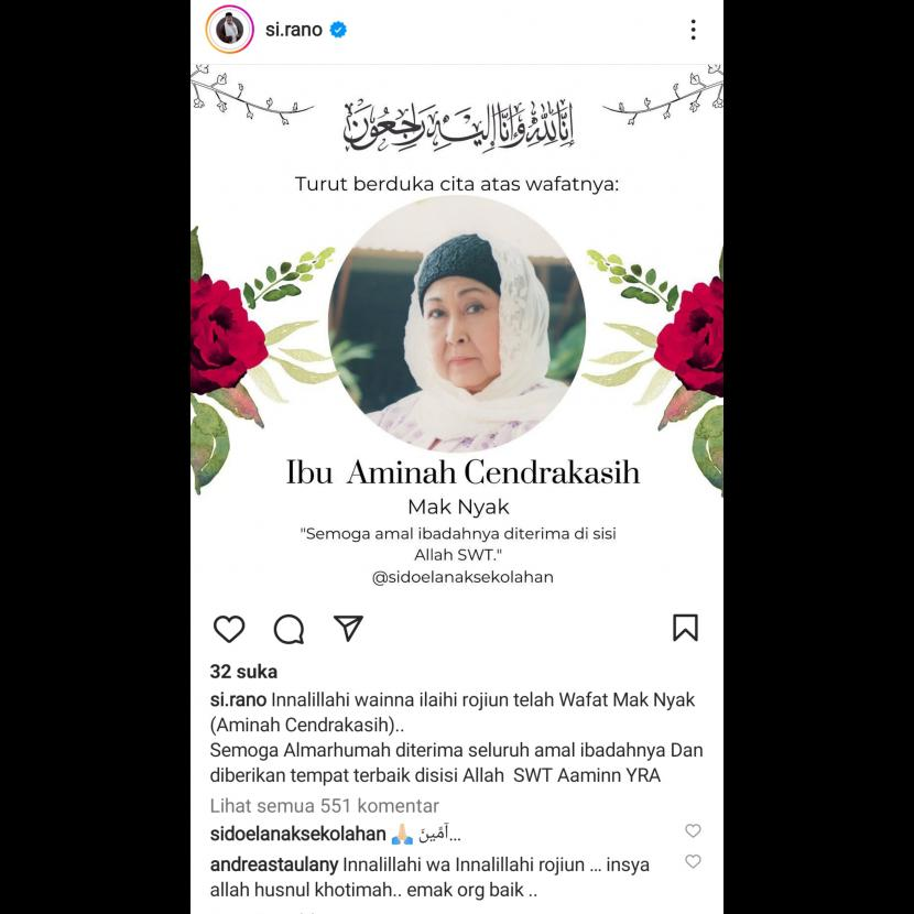 Aminah Cendrakasih meninggal dunia. Aminah Cendrakasih pemeran Mak Nyak Si Doel meninggal dunia, Kamis (21/12/2022). Foto: Republika