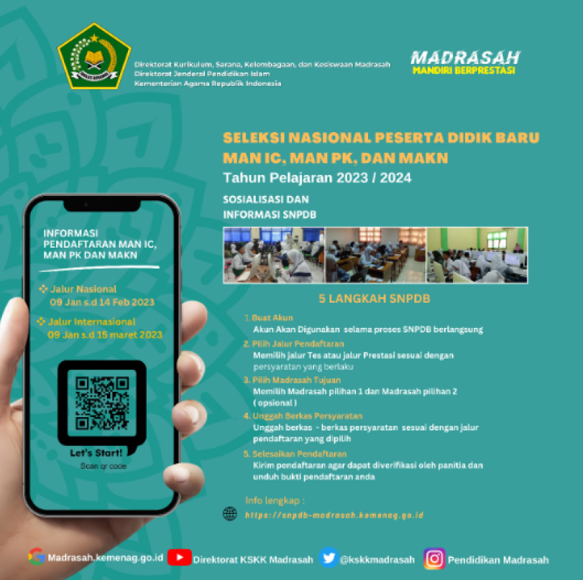 Pendaftaran Seleksi Nasional Peserta Didik Baru (SNPDB) pada Madrasah Aliyah (MA) unggulan tahun 2023 dibuka mulai 9 Januari hingga 11 Februari 2023.  