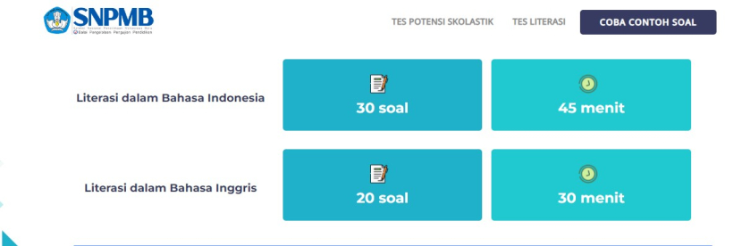 Tes Literasi dalam Bahasa Inggris dalam UTBK-SNBT 2023 terdiri dari 20 soal dalam 30 menit. Foto : snpmb  