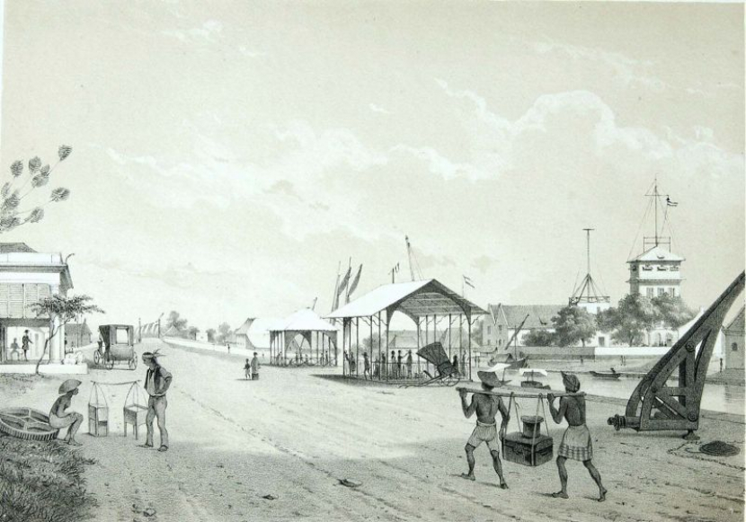  Pelabuhan Sunda Kelapa di sungai Ciliwung, Jakarta, tahun 1859. Lukisan: Charles Theodore Deeleman.