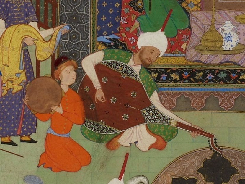 Ilustrasi pemusik memainkan oud oleh Mirza ‘Ali pada abad ke-16.