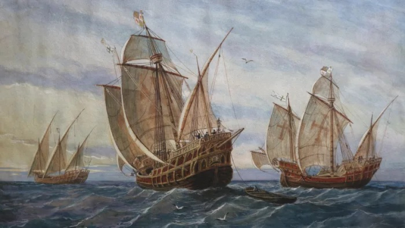 Ilustrasi Nina, Pinta, dan Santa maria, tiga kapal ekspedisi Cristhoper Colombus.