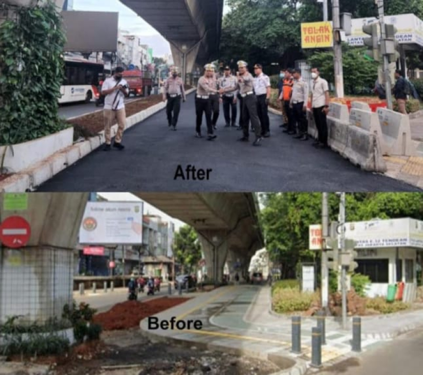 Trotoar dekat Pasar Santa, Jakarta Selatan, yang dibongkar Pjs Gibernur DKI Jakarta Heru Budi, lalu dijadikan jalan untuk memfasilitasi kendaraan bermotor.