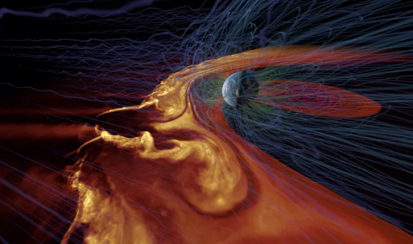 Visualisasi angin matahari yang berinteraksi dengan medan magnet bumi selama badai matahari. Sinyal radio aneh dari sistem bintang yang jauh bisa disebabkan oleh gangguan magnetik serupa antara bintang dan medan magnet planetnya. Gambar: Lab Visualisasi Lanjutan, Pusat Nasional untuk Aplikasi Superkomputer, Universitas Illinois di Urbana-Champaign