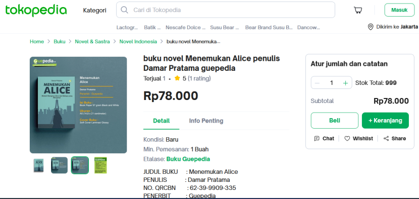 Beli Buku  Novel Menemukan Alice di Tokopedia.