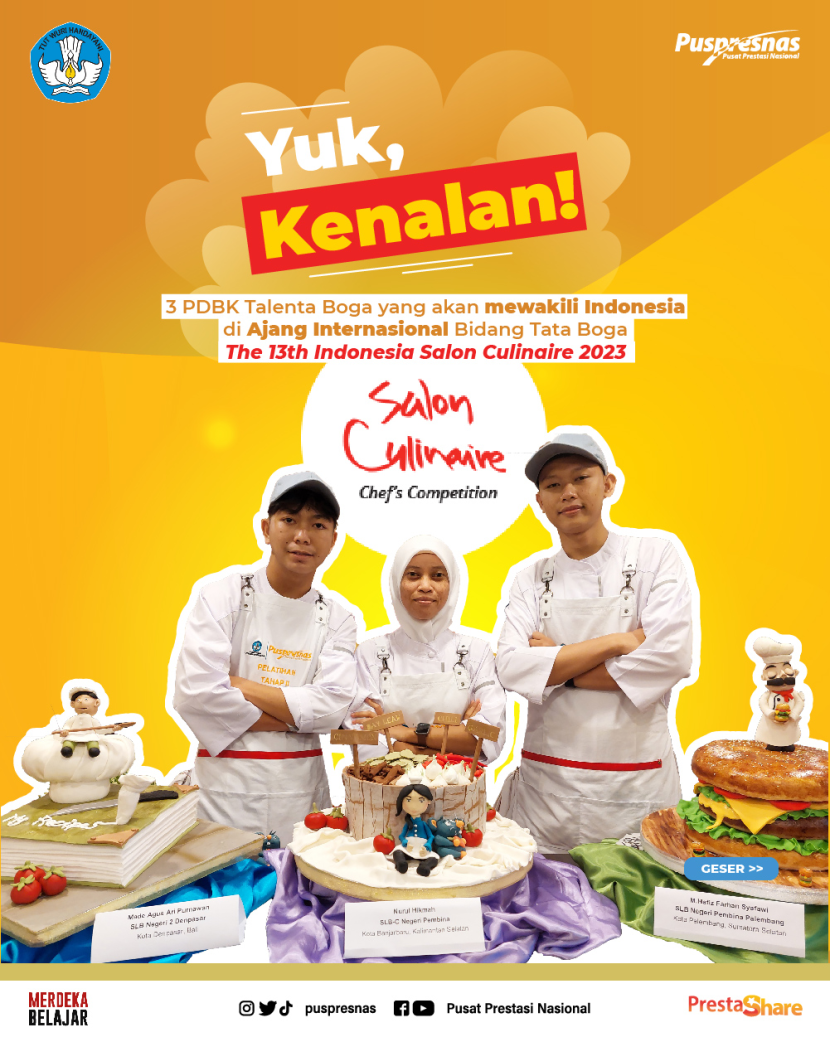 Made Agus Ari Purnawan (kiri) , M Hafiz Farhan Syafawi (kanan), dan Nurul Hikmah (tenghah)  akan bertanding The 13th Salon Culinaire 2023 di Jakarta International Expo (JIExpo), 25-28 Juli 2023. Foto : puspresnas  