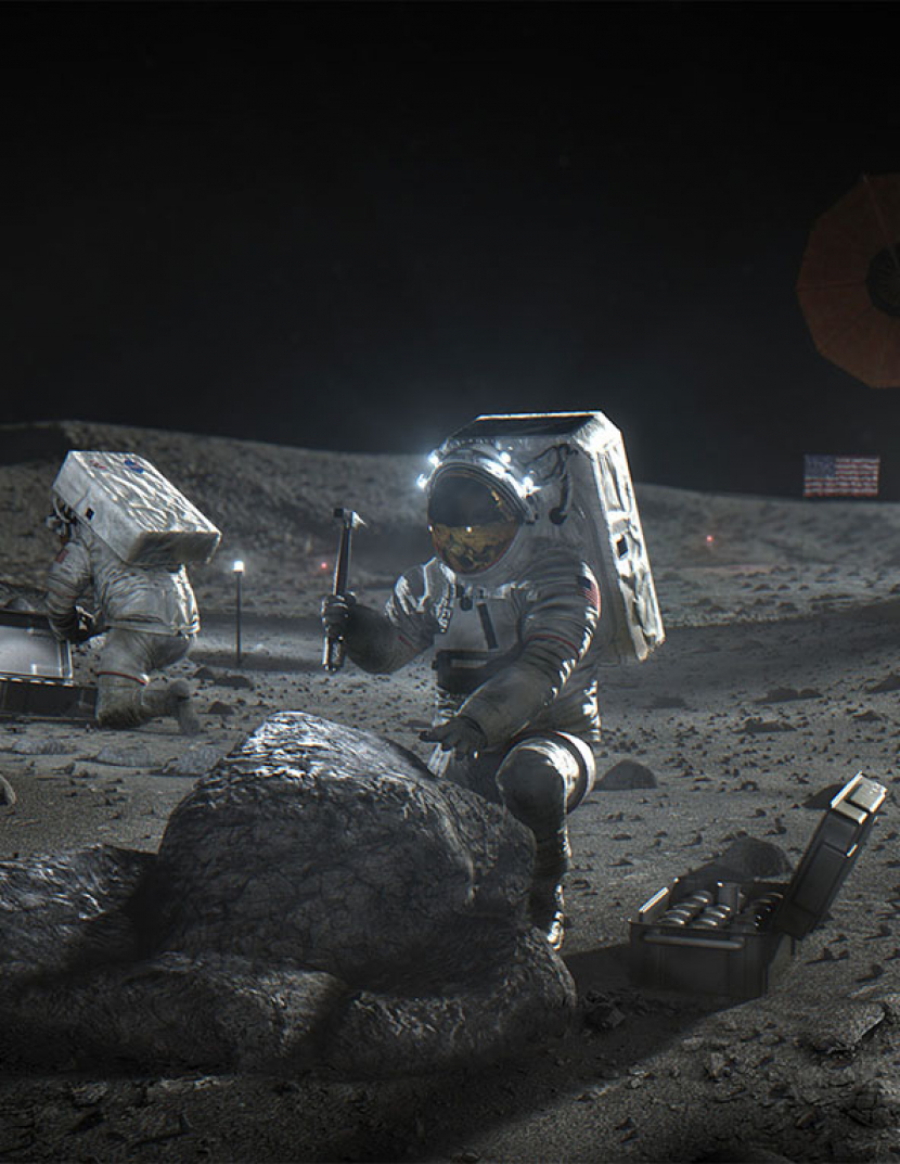 Ilustrasi astronot menambang batu di bulan dalam misi Artemis. Gambar: NASA