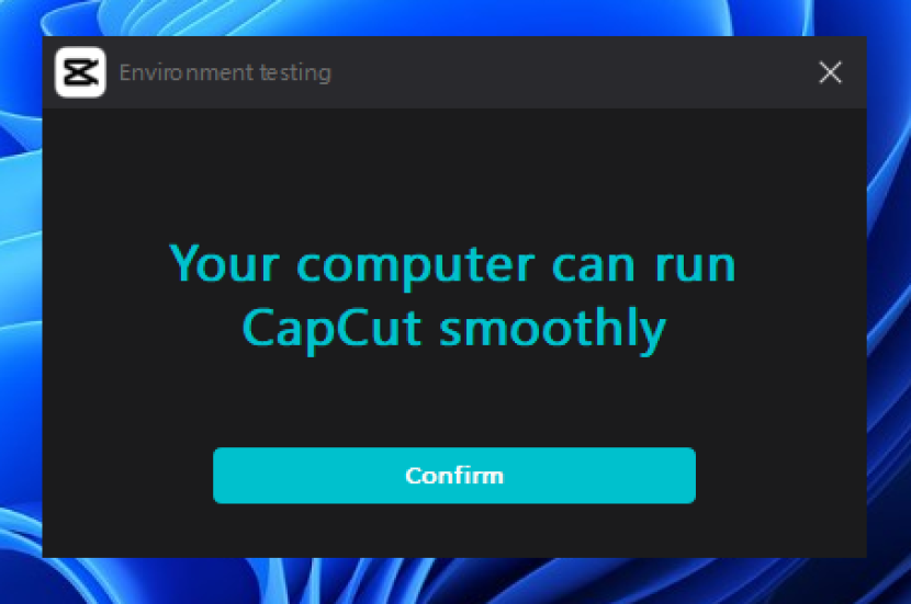 Aplikasi CapCut. Tanda diagnosa aplikasi terhadap perangkat PC selesai dan menandakan PC yang digunakan bisa menjalankan aplikasi dengan lancar. Foto: Tangkapan layar.