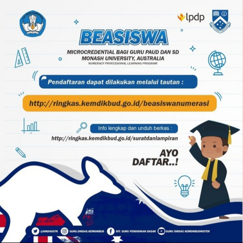 Direktorat Jenderal Guru dan Tenaga Kependidikan Kemendikbud bekerjasama dengan LPDP menawarkan Beasiswa Microcredential Bidang Numerasi Monash University untuk guru PAUD dan SD. Foto : ditjen gtk