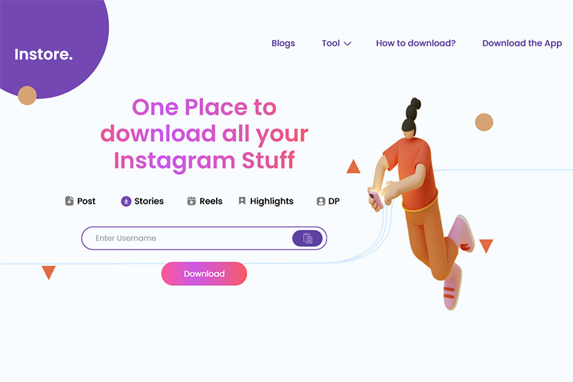 Tampilan halaman situs pengunduh video, story, foto, reels, IGTV Instagram di Instore.tools