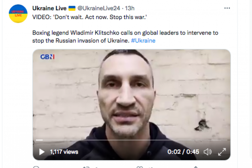 Wladimir Klitschko minta pemimpin dunia hentikan perang.  (sumber: twitter)