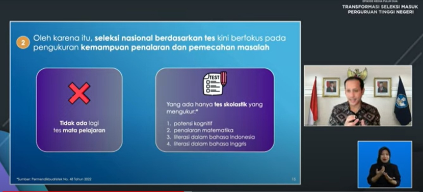 Mendikbudristek Nadiem Anwar Makarim mengatakan menghapuskan tes mata pelajaran dalam SBMPTN. pada peluncuran Merdeka Belajar Episode 22 secara daring di Jakarta, Rabu (07/09/22). Foto : kampus.republika